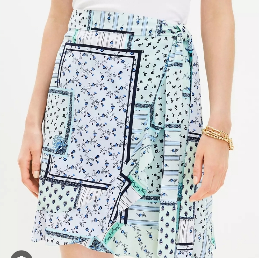 NWT Loft Patchwork Ruffle Wrap Skirt Size 2 Deep space Blue Side Tie